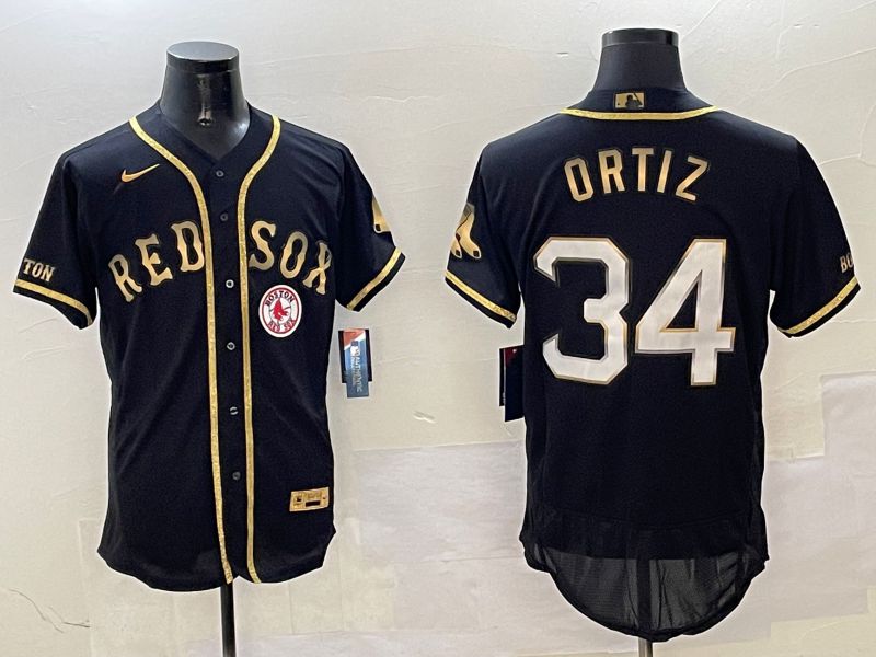 Men Boston Red Sox #34 Ortiz Black Gold three generations Elite 2025 Nike MLB Jersey style 1